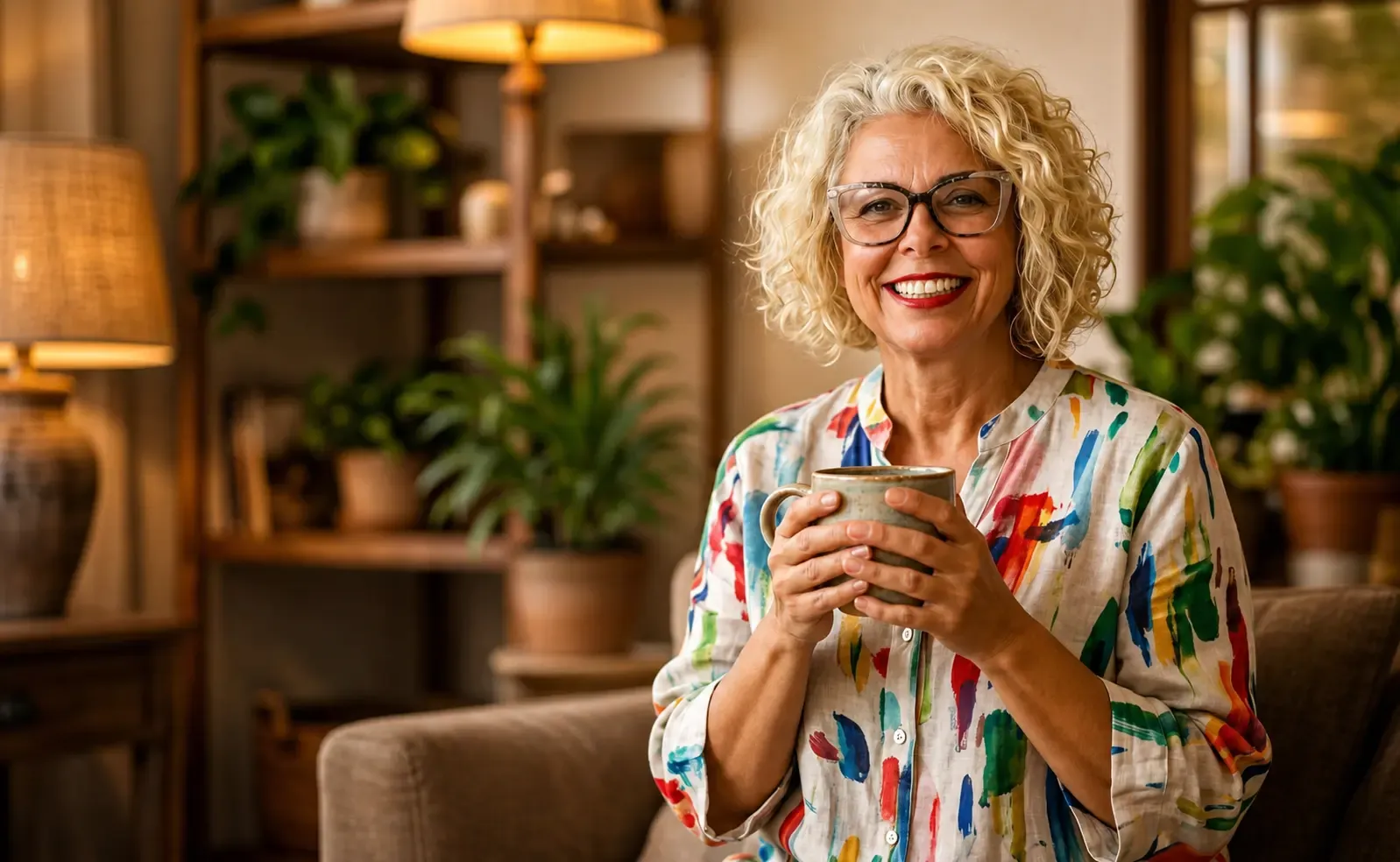 Mulher em momento de pausa com uma caneca nas mãos
